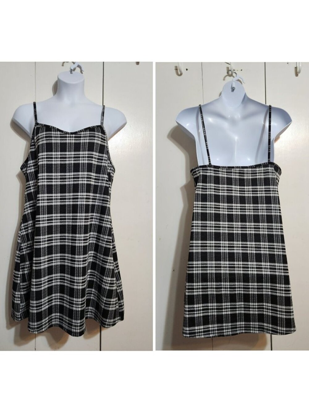 Coco Shay Dress 1X Black White Plaid Cami Spaghetti Strap Y2K Preppy School Plus